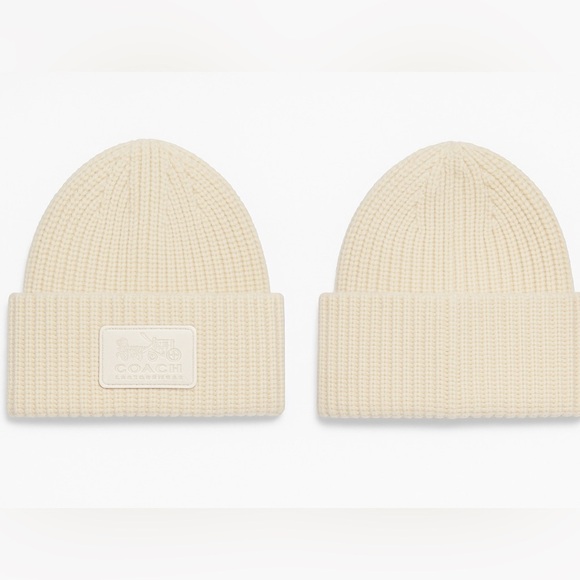 COACH Cream Knit Beanie with Leatherware Logo Patch – Unisex Winter Hat - Picture 2 of 5